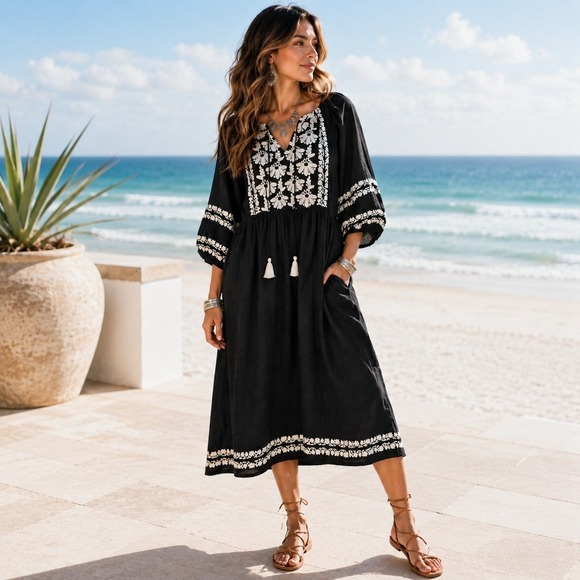 Sundance Dresses & Skirts - Sundance Womens Boho Embroidered Peasant Midi Dress L Black Floral Josephena
